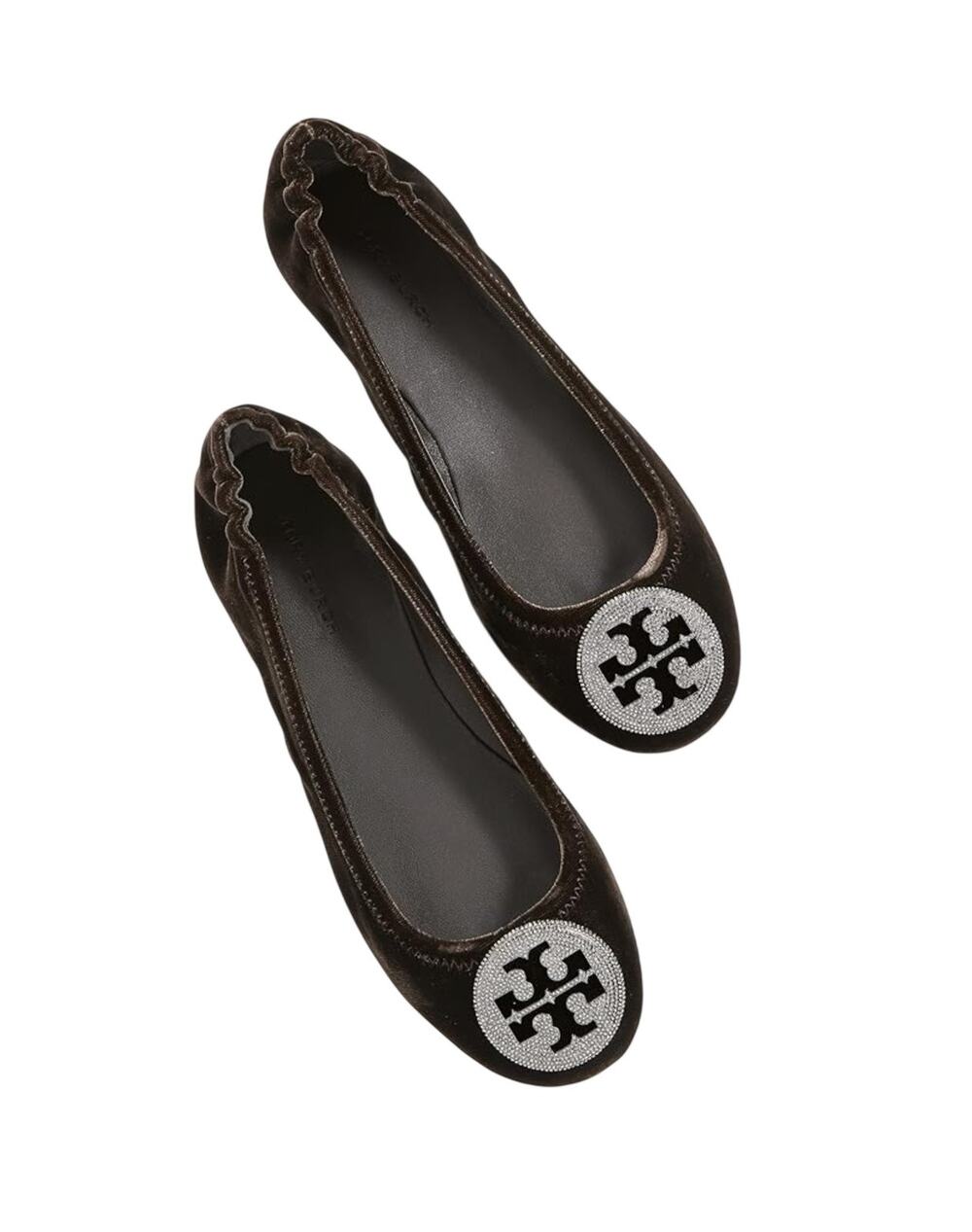 Tory Burch Minnie Crystal Reva Embellished Logo Ballet Flats Size 10 Brown